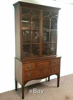 Antique 1920s Mahogany Inlaid China Cabinet Bookcase Hutch