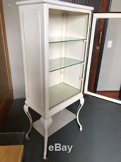 Antique 1920s White Metal Apothecary Medical Cabinet 4 Glass Shelves RX Medicine