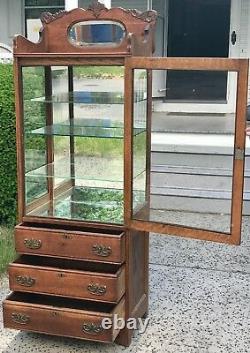 Antique 19th C Victorian Tiger Oak Medical / Physicians Cabinet China Cabinet