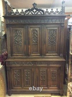 Antique 19th Century Gothic Revival Bookcase Cabinet Solid Oak