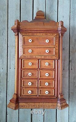 Antique 19th c Victorian Pressed Inlaid Marquetry Wood 10 Drawer Spice Cabinet