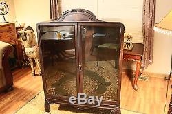 Antique 50 Tall Wooden Display Cabinet with Glass Doors & Decorative Top