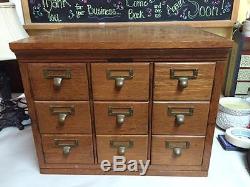 Antique 9 Drawer Tiger Oak Case Table Top Library Card Catalog
