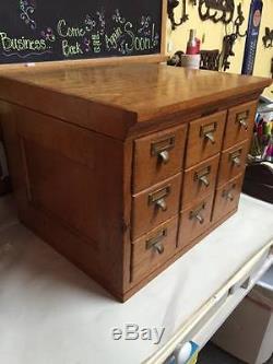 Antique 9 Drawer Tiger Oak Case Table Top Library Card Catalog