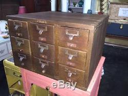 Antique 9 Drawer Tiger Oak Dovetailed Case Table Top Library Card Catalog