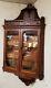 Antique American Oak Hanging Corner Cabinet Slanted Display Shelves Glass Doors