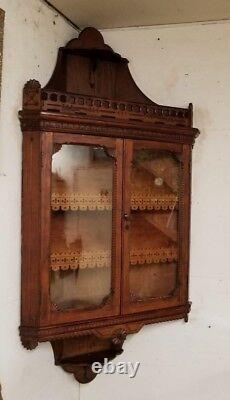 Antique American Oak Hanging Corner Cabinet Slanted Display Shelves Glass Doors