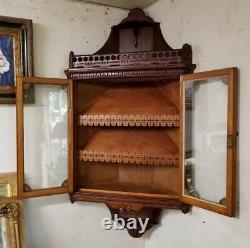 Antique American Oak Hanging Corner Cabinet Slanted Display Shelves Glass Doors