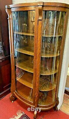 Antique American Tiger Oak Curved Glass China Cabinet Display Curio H 64 x W36