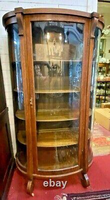 Antique American Tiger Oak Curved Glass China Cabinet Display Curio H 64 x W36