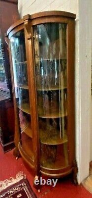 Antique American Tiger Oak Curved Glass China Cabinet Display Curio H 64 x W36