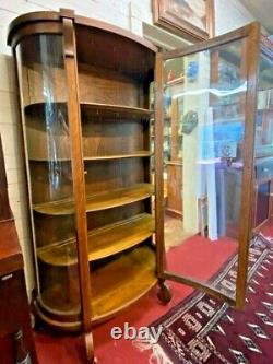 Antique American Tiger Oak Curved Glass China Cabinet Display Curio H 64 x W36