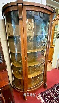 Antique American Tiger Oak Curved Glass China Cabinet Display Curio H 64 x W36