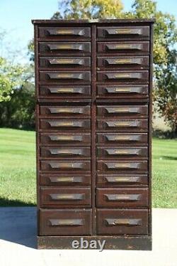 Antique Apothecary Cabinet Brass Tags Wood File Drawers card catalog Library