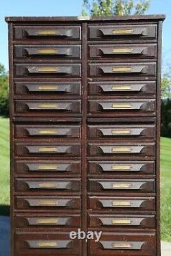 Antique Apothecary Cabinet Brass Tags Wood File Drawers card catalog Library