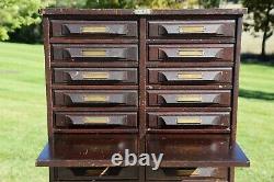 Antique Apothecary Cabinet Brass Tags Wood File Drawers card catalog Library