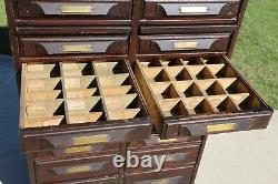 Antique Apothecary Cabinet Brass Tags Wood File Drawers card catalog Library
