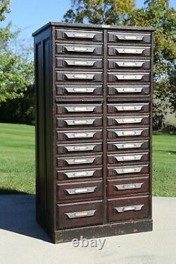 Antique Apothecary Cabinet Brass Tags Wood File Drawers card catalog Library