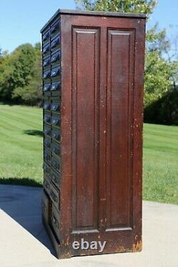 Antique Apothecary Cabinet Brass Tags Wood File Drawers card catalog Library