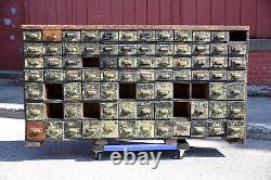 Antique Apothecary Cabinet Counter wood Industrial card catalog green drawers