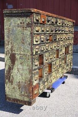 Antique Apothecary Cabinet Counter wood Industrial card catalog green drawers