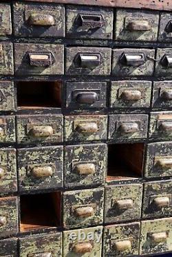 Antique Apothecary Cabinet Counter wood Industrial card catalog green drawers