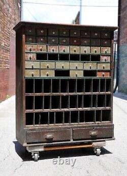 Antique Apothecary Wood Cabinet drawer hardware tool box cubby slot mail vintage