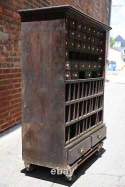 Antique Apothecary Wood Cabinet drawer hardware tool box cubby slot mail vintage