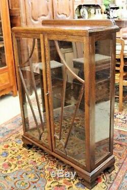 Antique Art Deco Glass Door Oak Wood Bookcase / 2 Shelf Display Cabinet