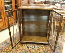 Antique Art Deco Glass Door Oak Wood Bookcase / 2 Shelf Display Cabinet