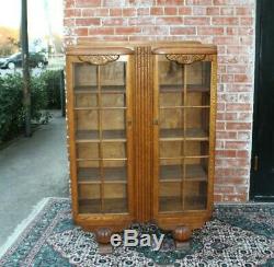 Antique Art Deco Glass Door Oak Wood Bookcase / 3 Shelf Display Cabinet