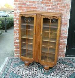 Antique Art Deco Glass Door Oak Wood Bookcase / 3 Shelf Display Cabinet
