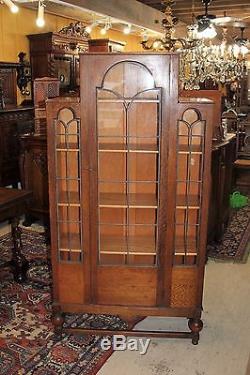 Antique Art Deco Leaded Glass Door Bookcase Oak Wood 5 Shelf Display Cabinet