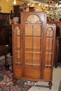 Antique Art Deco Leaded Glass Door Bookcase Oak Wood 5 Shelf Display Cabinet