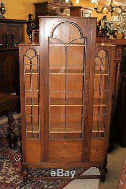 Antique Art Deco Leaded Glass Door Bookcase Oak Wood 5 Shelf Display Cabinet