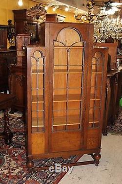 Antique Art Deco Leaded Glass Door Bookcase Oak Wood 5 Shelf Display Cabinet