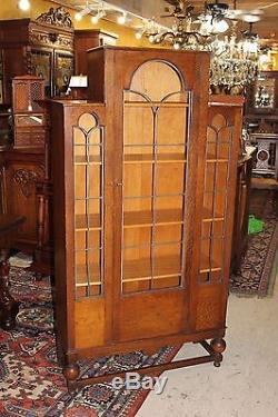 Antique Art Deco Leaded Glass Door Bookcase Oak Wood 5 Shelf Display Cabinet