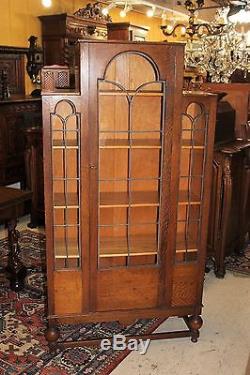 Antique Art Deco Leaded Glass Door Bookcase Oak Wood 5 Shelf Display Cabinet