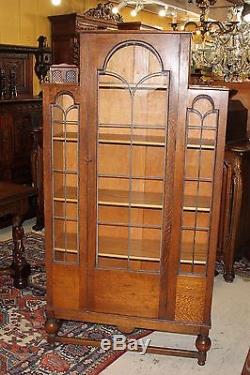 Antique Art Deco Leaded Glass Door Bookcase Oak Wood 5 Shelf Display Cabinet