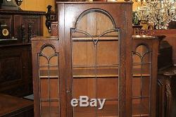 Antique Art Deco Leaded Glass Door Bookcase Oak Wood 5 Shelf Display Cabinet