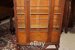 Antique Art Deco Leaded Glass Door Bookcase Oak Wood 5 Shelf Display Cabinet