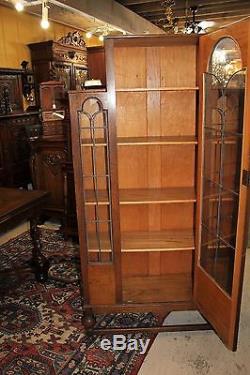 Antique Art Deco Leaded Glass Door Bookcase Oak Wood 5 Shelf Display Cabinet