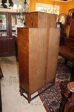 Antique Art Deco Leaded Glass Door Bookcase Oak Wood 5 Shelf Display Cabinet