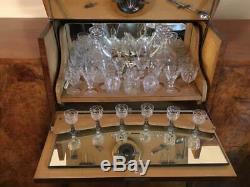 Antique Art Deco Liquor Bar Cabinet Burl Walnut Wood Decanters Glasses Tools
