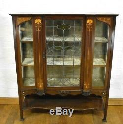 Antique Art Nouveau inlaid glazed cabinet display case