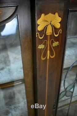 Antique Art Nouveau inlaid glazed cabinet display case