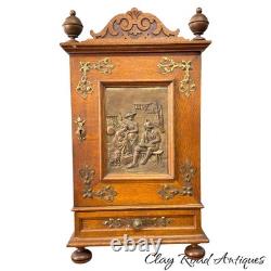 Antique Art Nouveau tiger oak quarter sawn wall cabinet 1890 bronze plaque nice