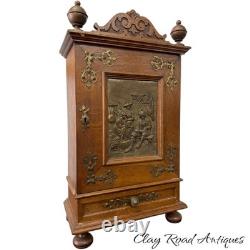 Antique Art Nouveau tiger oak quarter sawn wall cabinet 1890 bronze plaque nice