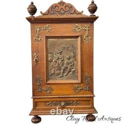 Antique Art Nouveau tiger oak quarter sawn wall cabinet 1890 bronze plaque nice