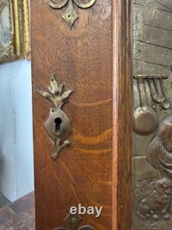 Antique Art Nouveau tiger oak quarter sawn wall cabinet 1890 bronze plaque nice